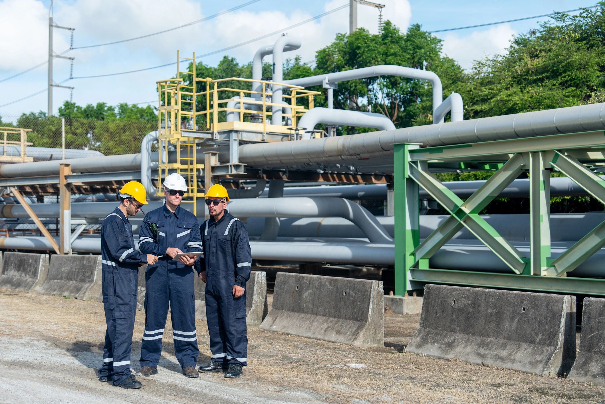 Engineering team reviewing field operations near industrial pipeline infrastructure